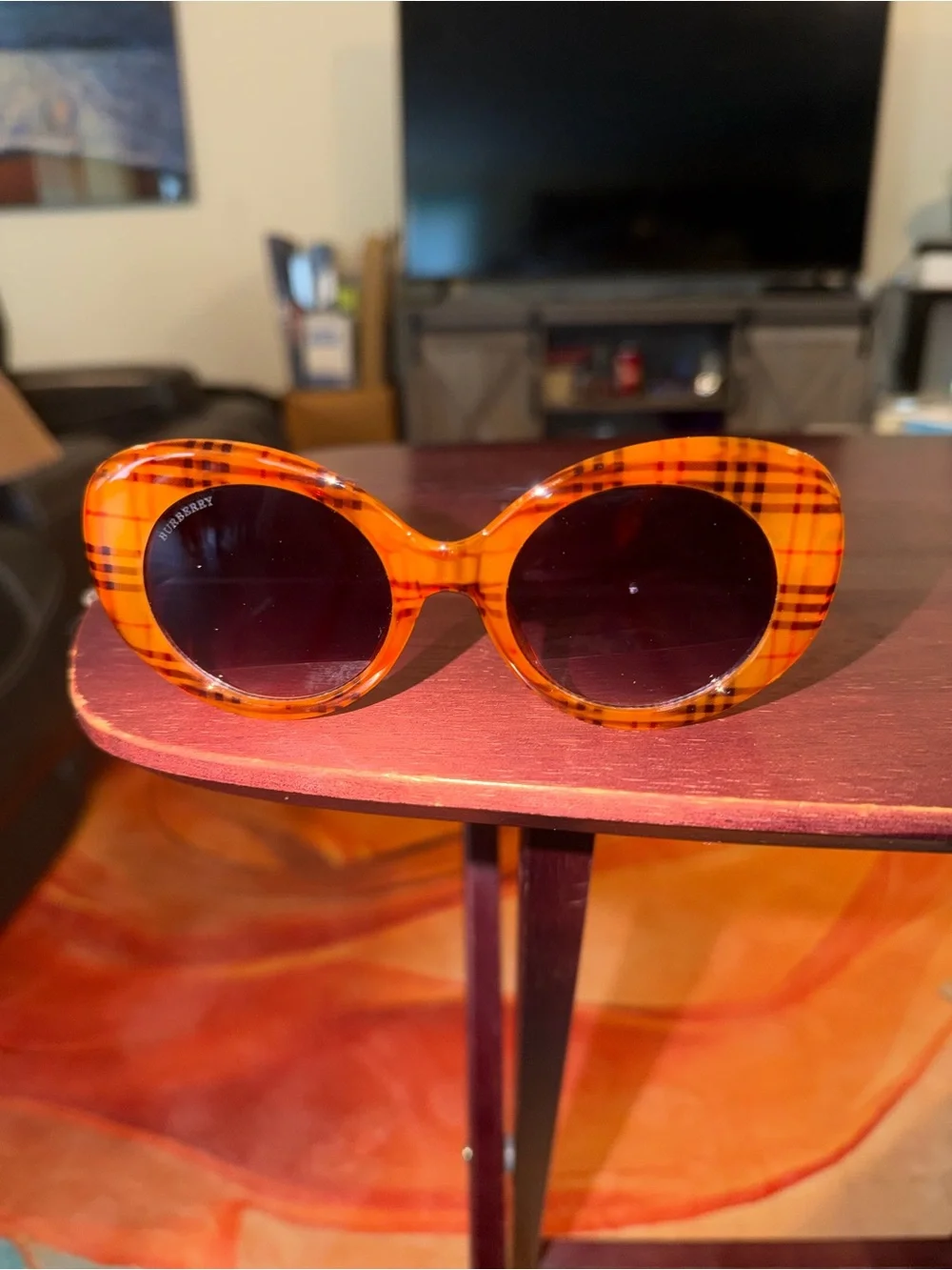 Burberry Orange Plaid Round Sunglasses - Women Accessories